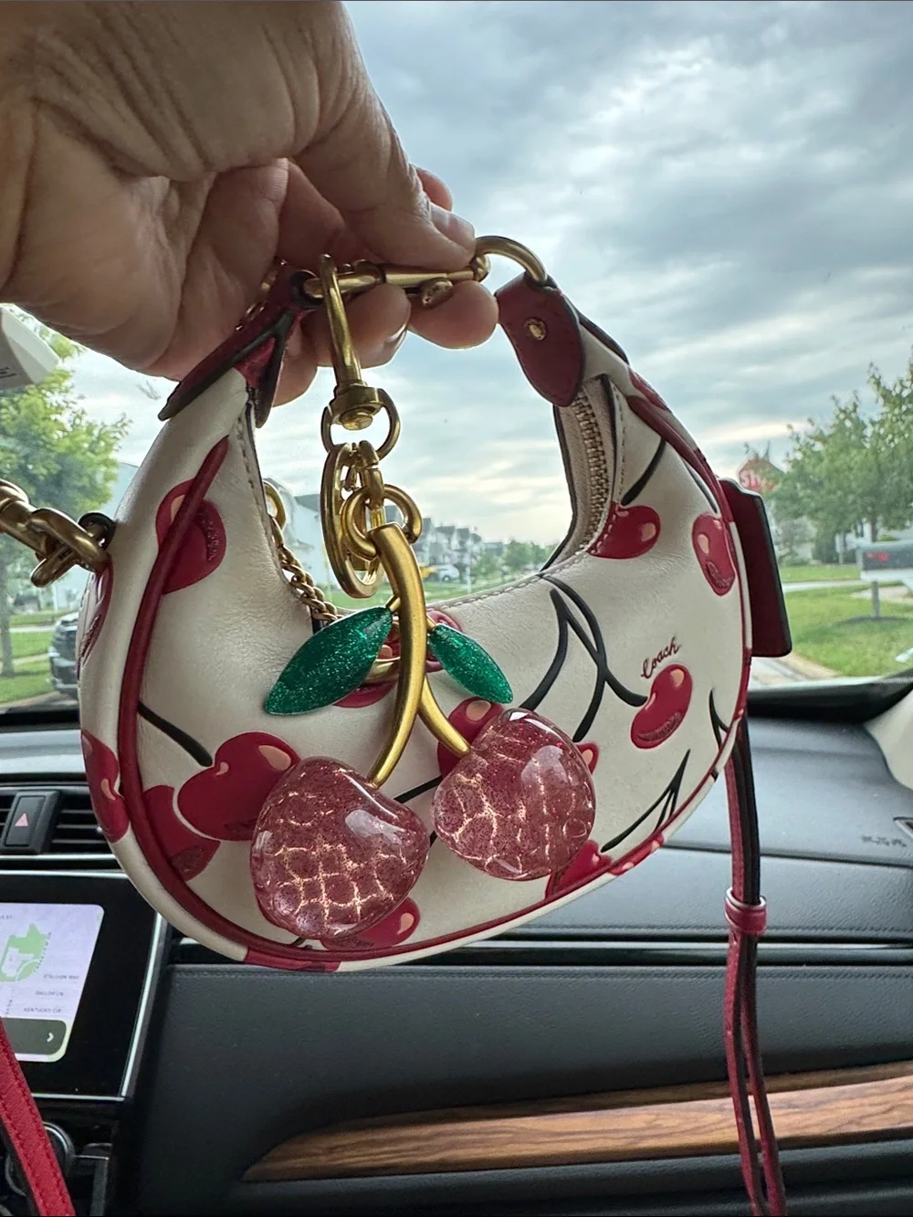 Coach White & Red Cherry Print Mini Shoulder Bag with Cherry Charm